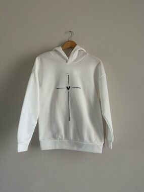 White Women's Graphic Hoodie with Minimal Heart Cross